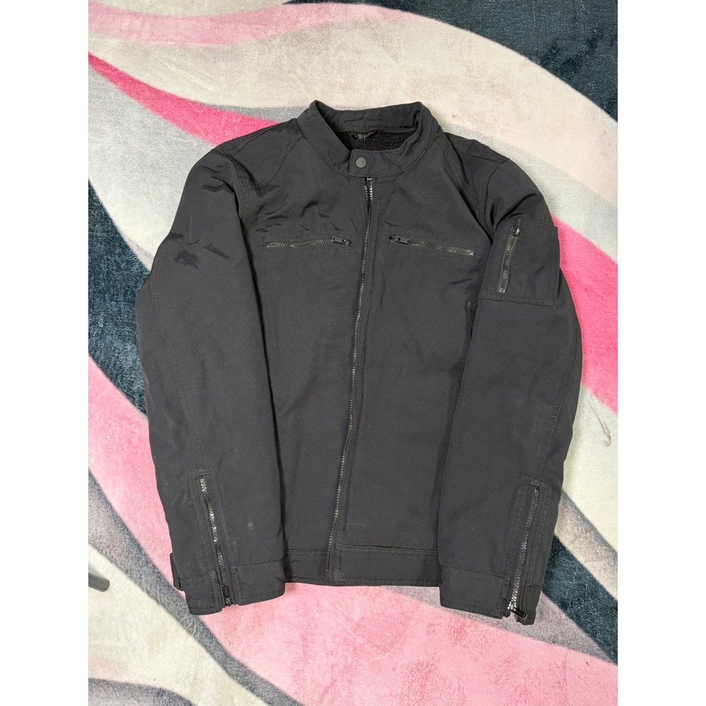 Guess Mens Black Moto Jacket Faux Shearling Lined Canvas Full Zip Size Medium